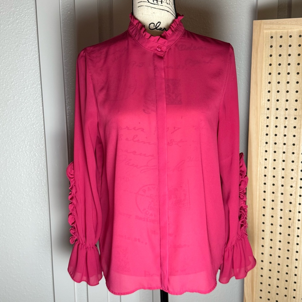 Zara Basic Hot Pink Ruffle Mock‎ Neck Blouse (Size S) Y2K, casual, workwear - Picture 2 of 8